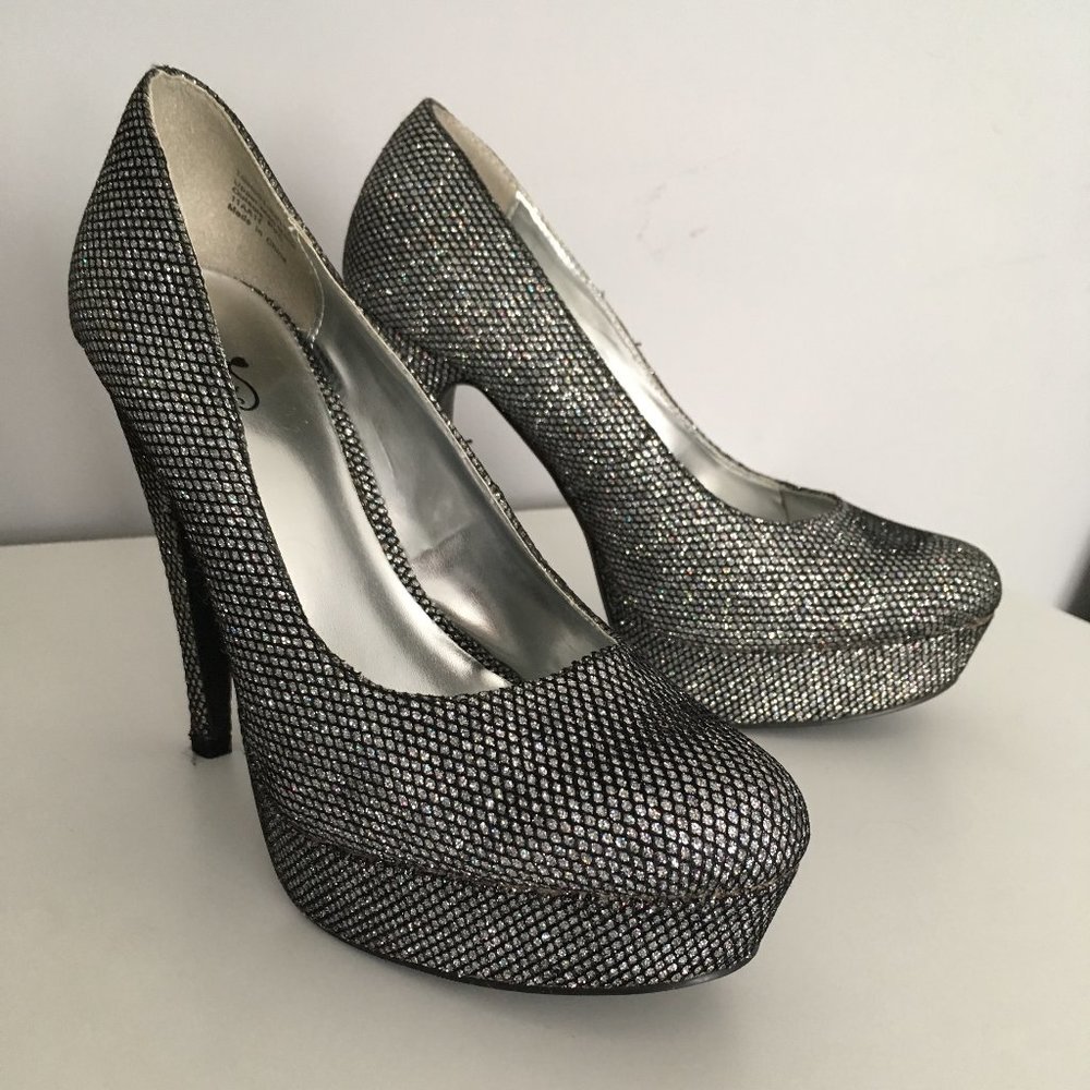 Tallulah Blue Silver Glitter Net Stilettos